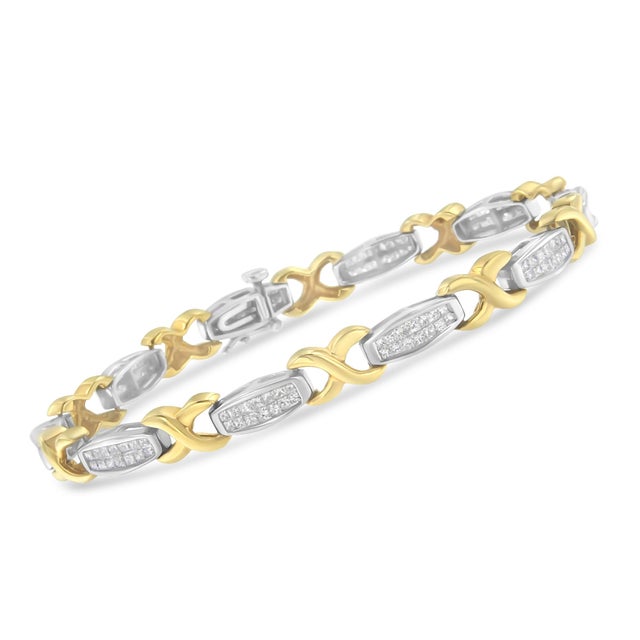 Contemporary Two-Tone 14K Yellow & White Gold 2.0 Cttw Princess-Cut Diamond Tapered and X-Link Tennis Bracelet (G-H Color, SI1-SI2 Clarity) - 7-Â¼â€ For Sale - Image 3 of 7