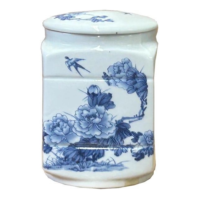 White Porcelain Blue Flower Graphic Square Round Container For Sale