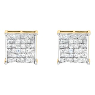 10K Yellow Gold 2.0 Cttw Invisible-Set Princess-Cut Diamond Stud Earrings For Sale