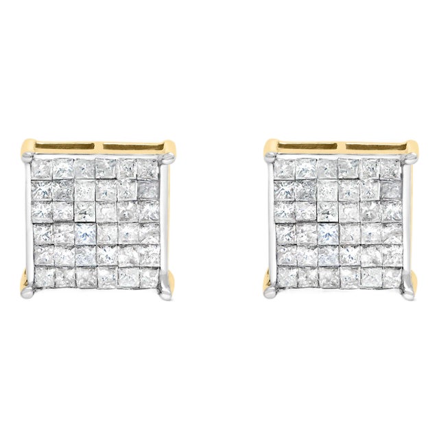 10K Yellow Gold 2.0 Cttw Invisible-Set Princess-Cut Diamond Stud Earrings For Sale