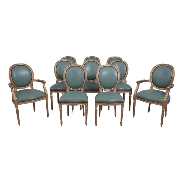 Set of 10 Old Hickory Leather French Style Dining Chairs For Sale