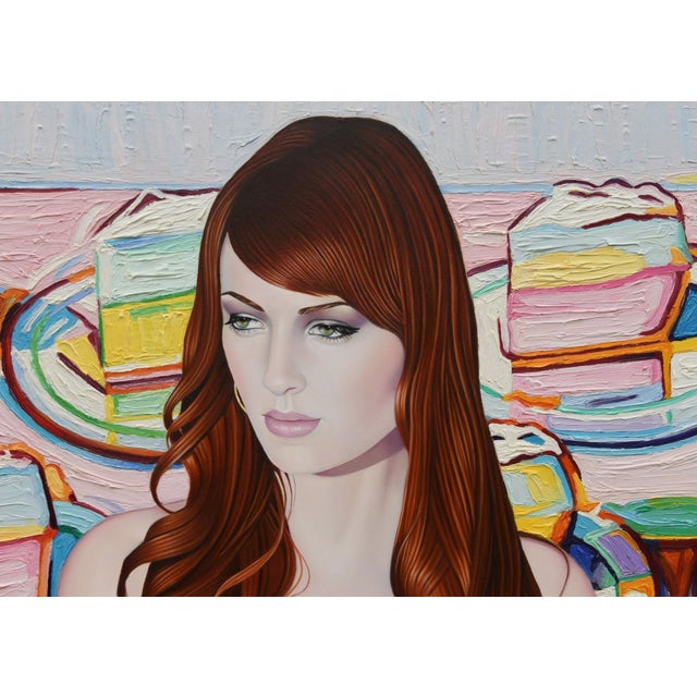 Contemporary Meringues by Suzy Smith | Oil on Panel Portrait of a woman with meringue desserts in the background For Sale - Image 3 of 5