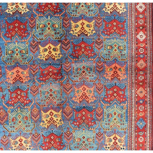 Antique Persian Afshar Rug in Blue Background, Terracotta Red Border & Lt. Green Square Shape 4'2"x5'1" For Sale - Image 4 of 7