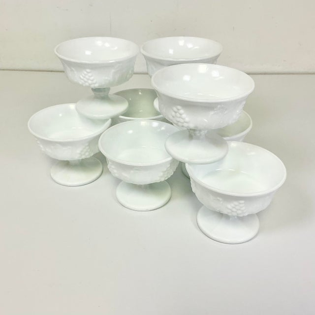 American 1970s Vintage Americana Arts & Crafts Indiana Glass Grape Milk Glass Champagne Coupes/Sherbet Cups - Set of 8 For Sale - Image 3 of 14