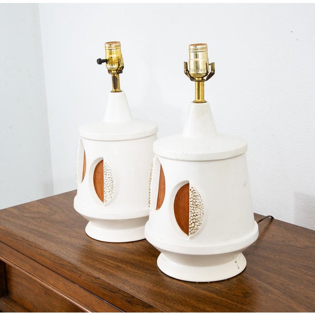 Vintage Mid Century Modern Lamp Wood Ceramic Table Lamp - a Pair For Sale - Image 4 of 12
