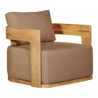 Eclipse Outdoor Solid Teak Wood Revolving Chair - Light Brown Fabric For Sale