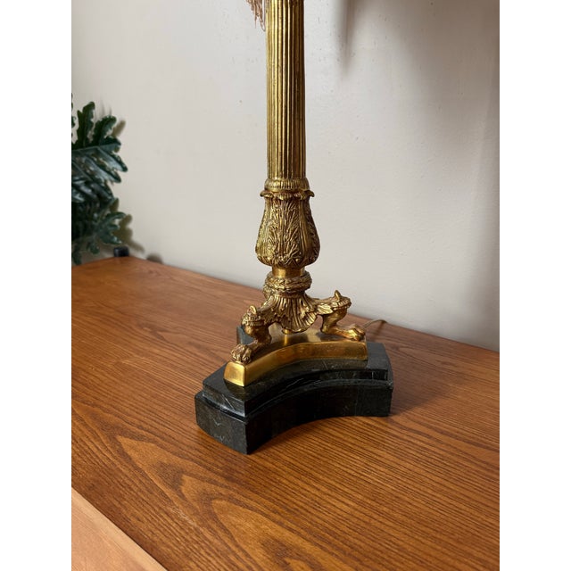 Mid 20th Century Victorian Footed Marble and Brass Table Lamp With Fabric Fringe/Tassel Lamp Shade For Sale - Image 10 of 11