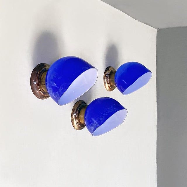 Italian Blue and White Glass & Sheet Metal Wall Light, 1930s, Set of 3 For Sale - Image 13 of 15