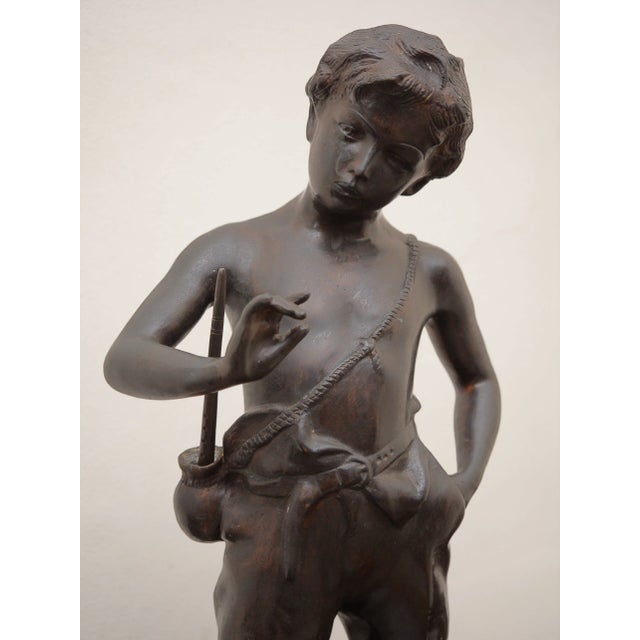 After Auguste Moreau, Statue Of A Boy with A Flute, Bronze For Sale - Image 3 of 11