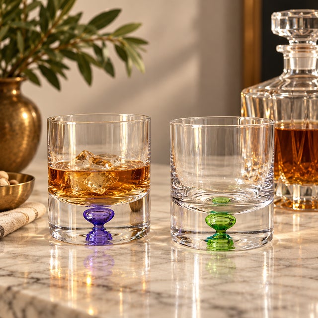 Mid-Century Modern Vintage Krosno Handblown Bubble Base Rocks Glasses – Polish Glassware Purple & Green - Set of 2 For Sale - Image 3 of 8