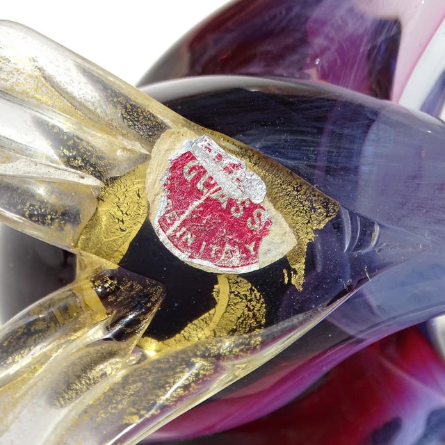 Vintage Murano Sommerso Red Purple Blue Gold Flecks Italian Art Glass Bird Figurine With Original Label For Sale - Image 10 of 10