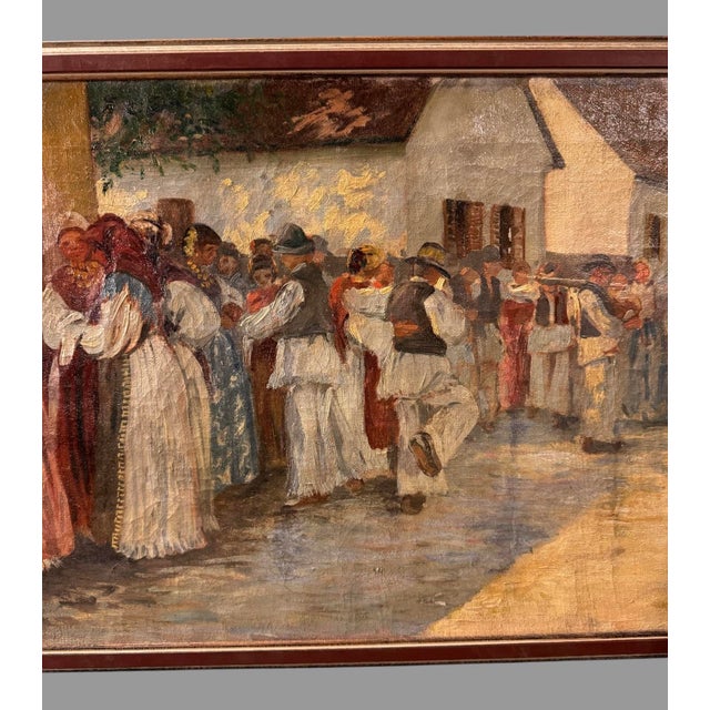 Early 20th Century Vintage Artist Signed 1923 Landscape Street Scene People Oil Painting on Canvas, Framed For Sale - Image 5 of 7