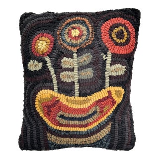 Early 20th Century Primitive Folk Art Wool Hooked Pillow For Sale