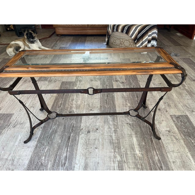 1960s Jacques Adnet, Hermes Style Vintage Equestrian Style Forged Iron & Braided Leather Console Table With Beveled Glass Top For Sale - Image 5 of 5