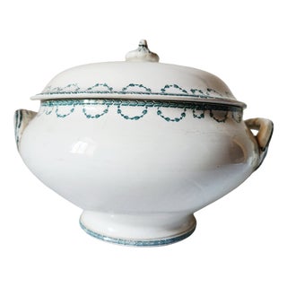French Forest Green Floral Earthenware Soup Tureen from Sarregeumines, 1880s For Sale