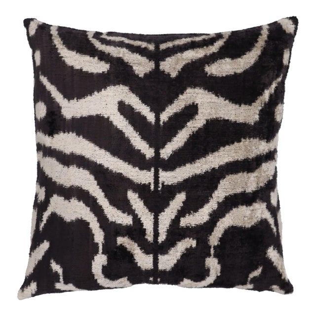 Contemporary Velvet Black and White Tiger Print Throw Pillow With Down Insert For Sale