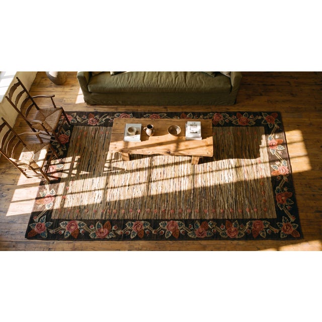 Textile 1930s Tan Camel Floral Folk Art Antique American Hooked Rug 6'0" X 8'10" Handknotted Wool Carpet For Sale - Image 7 of 9