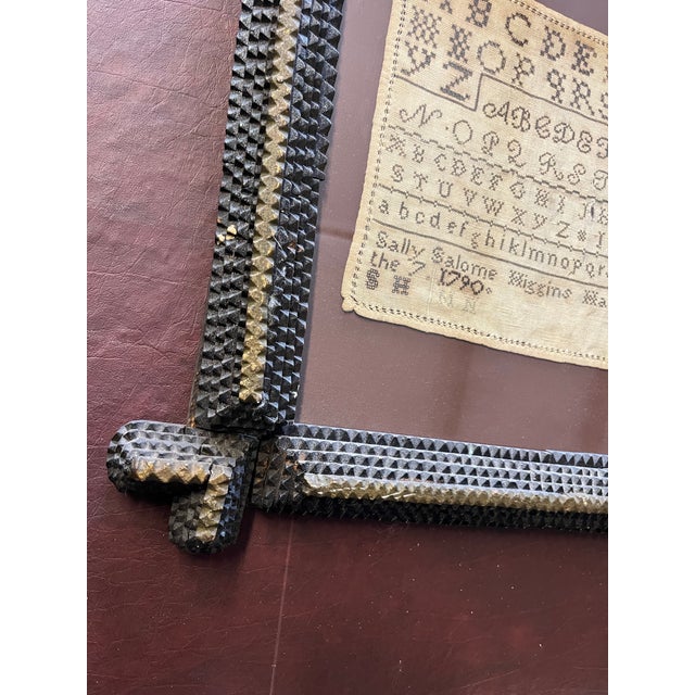 American Antique Needlepoint Sampler With Tramp Art Frame For Sale - Image 3 of 10