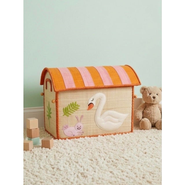 Orange Vintage Madagascar Woven Raffia Domed Toy Box Trunk With Swan Appliqué For Sale - Image 8 of 12