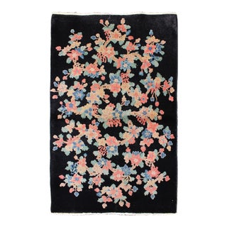 Art Deco Chinese Rug With Black Background and Flower Bouquet in Pastel Colors 2'11 X 4'9 For Sale