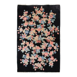Art Deco Chinese Rug With Black Background and Flower Bouquet in Pastel Colors 2'11 X 4'9