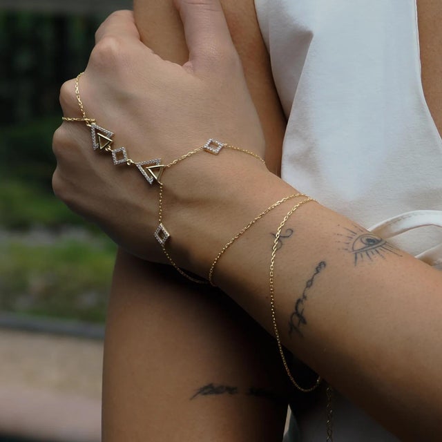 Diamond Triangle Gold Vermeil Fashion Hand Bracelet For Sale - Image 4 of 7