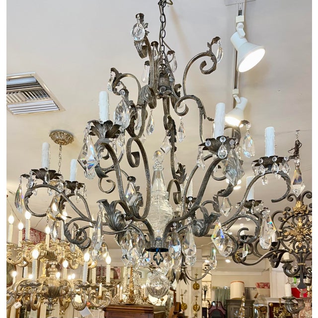 Metal 19th C Style Italian Wrought Iron & Crystal Chandelier For Sale - Image 7 of 8