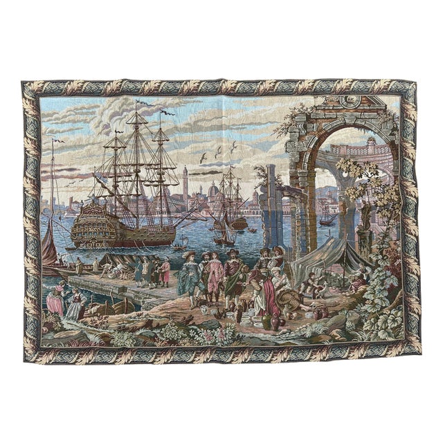 Vintage French Style Jacquard Port of Venice Tapestry in the style of Aubusson, 1970s For Sale