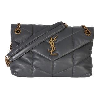 Grey Quilted Lambskin Small Loulou Puffer Chain Satchel For Sale