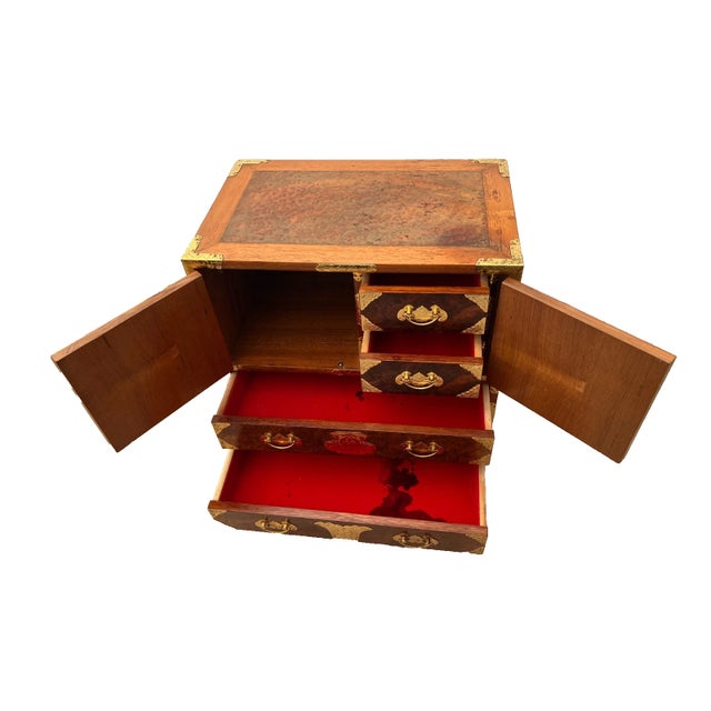 Vintage Korean Elm Burl Brass Bound Bandaji Small Chest Wedding Cabinet Felt For Sale - Image 4 of 12