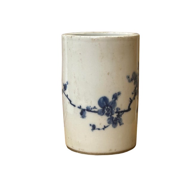 Chinese Chinese Distressed White Porcelain Blue Blossom Flower Graphic Holder Vase For Sale - Image 3 of 10