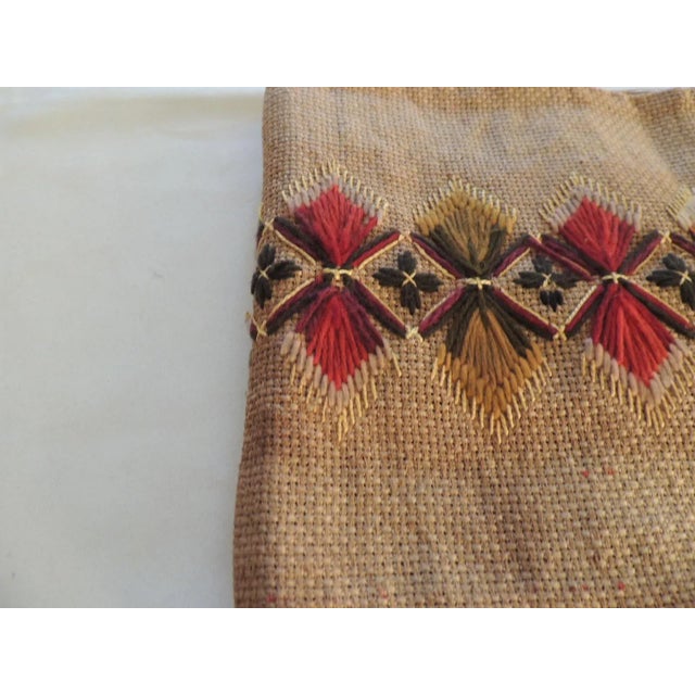 Antique Red and Camel Linen Embroidered Textile Burlap embroidery on linen. Size: 8.5”H x 58”L