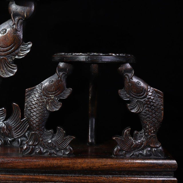 Chinese Vintage Chinese Huali Rosewood Wine Rack | Carved Lotus & Carp Motif Display Stand For Sale - Image 3 of 9