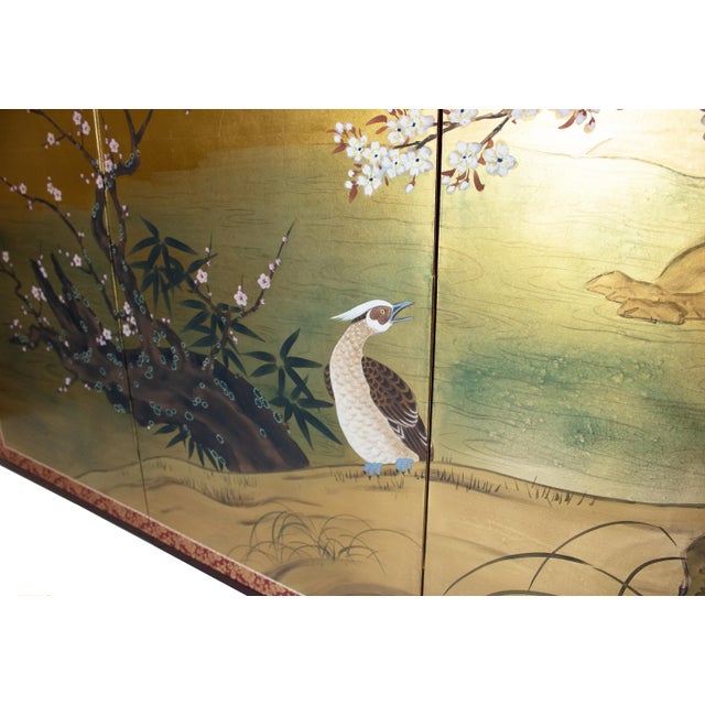 Goldenrod "Cherry Blossoms and Golden Birds" by Ransetsu, Heisei Era Japanese Byobu Screen For Sale - Image 8 of 18