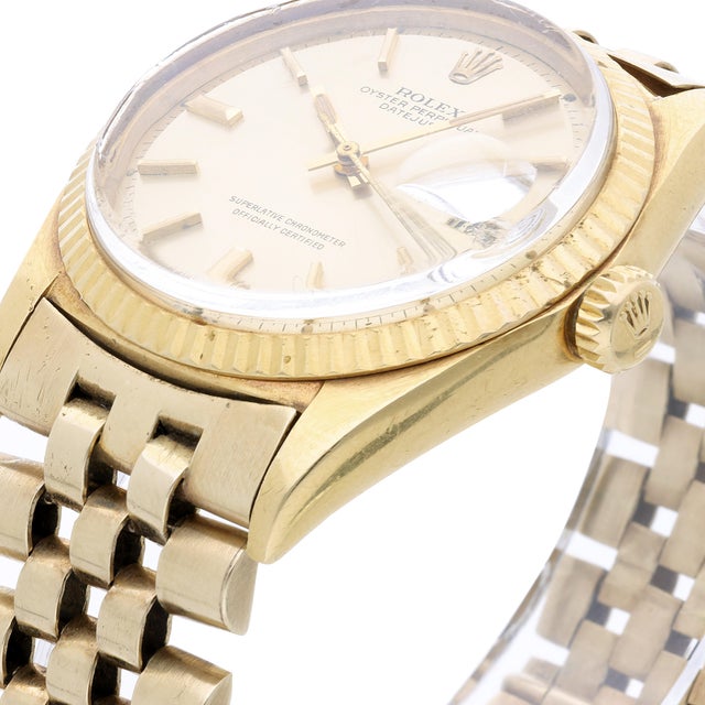 Vintage Rolex Datejust 1601 14k Yellow Gold Pie Pan Dial Jubilee Bracelet Watch For Sale - Image 10 of 15