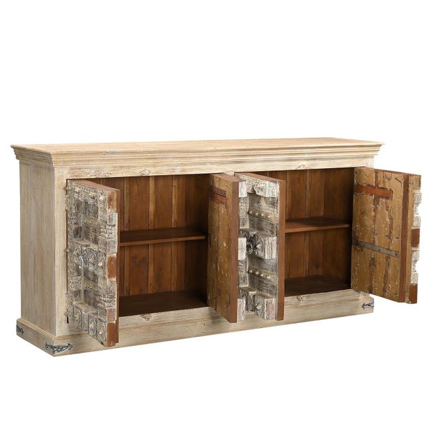 Farmhouse 1960s Lotus Carved Doors Upcycled Solid Wood Sideboard Ranch Style Credenza For Sale - Image 3 of 5
