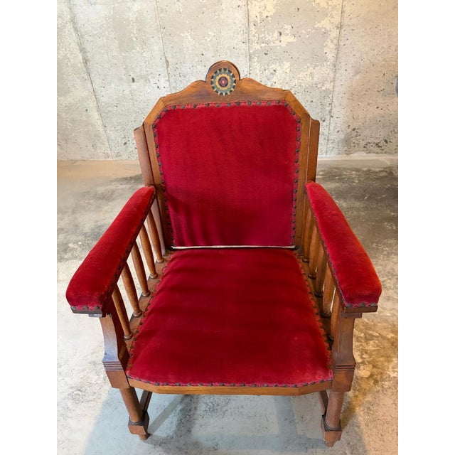 2 Antique Red Velvet and Wood Regal Living Room Chairs For Sale - Image 10 of 11