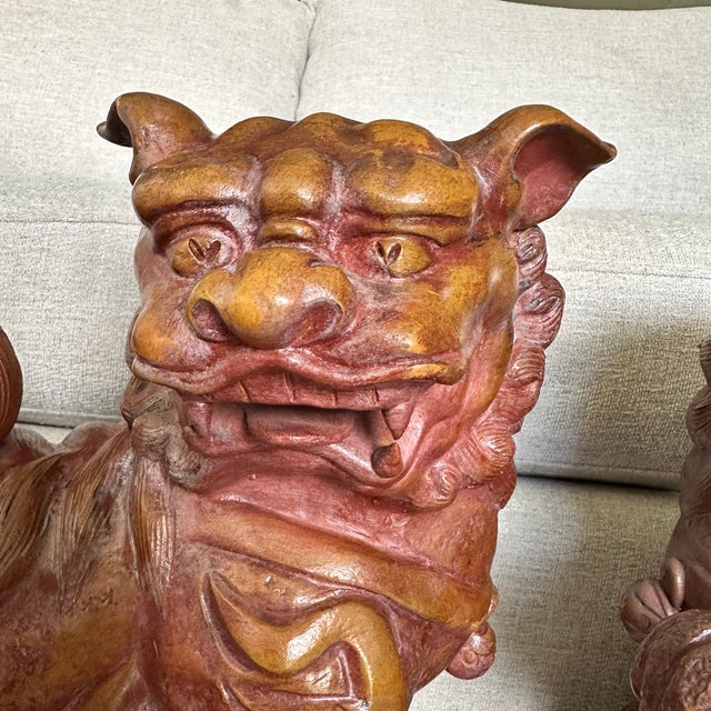 Chinese Pair Large 19" Terracotta Foo Dogs Chinese Guardian Lions Vintage Heavy For Sale - Image 3 of 17