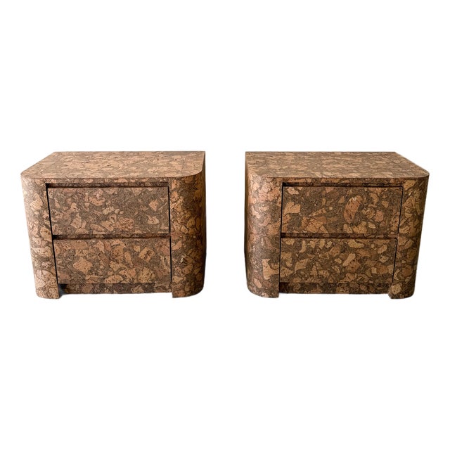 Vintage 1970s Mid Century Modern Pair of Cork Nightstands Burlwood For Sale