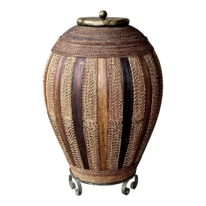 Circa 1980 Substantially-Sized Rattan & Wood Cylindrical Lidded Vessel on Iron Stand, Philippines
