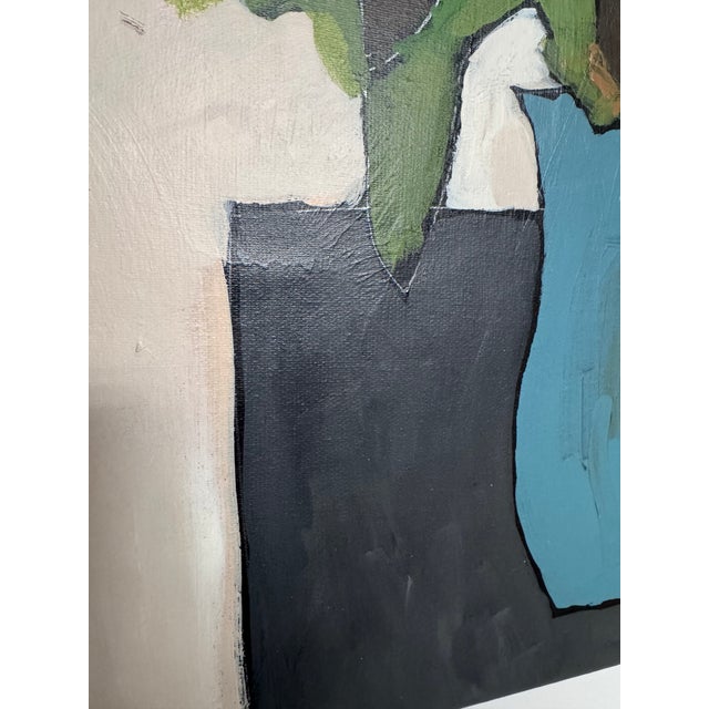 2020s Original Abstract Still Life Acrylic Painting on Canvas, Minimalist Sunflowers in Blue Vase Wall Art, Modern Floral Fine Art For Sale - Image 5 of 5