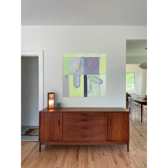 This is an abstract painting with oil, enamel, and pencil on canvas.