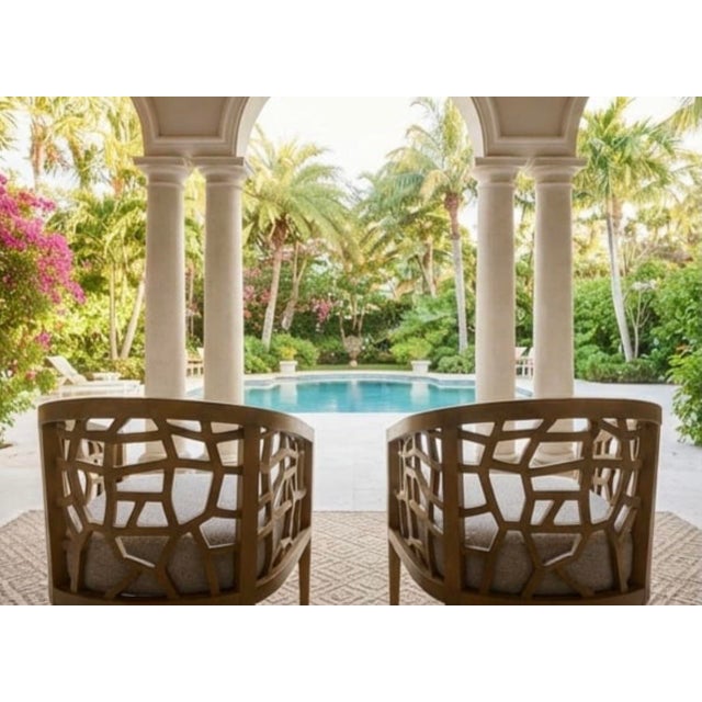 A Pair Mid-Century Modern Inspired Teak Fretted Barrel Tub Chairs For Sale - Image 10 of 12