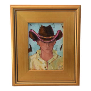 Impressionist Western Cowboy Portrait Painting Including the Antiqued Gold Wood Frame For Sale