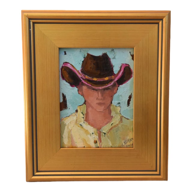 Impressionist Western Cowboy Portrait Painting Including the Antiqued Gold Wood Frame For Sale