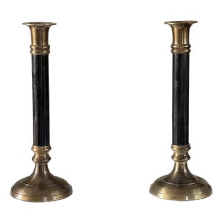 Vintage Neoclassical Brass and Black Metal Column Candlesticks, 1980s, Set of 2 For Sale