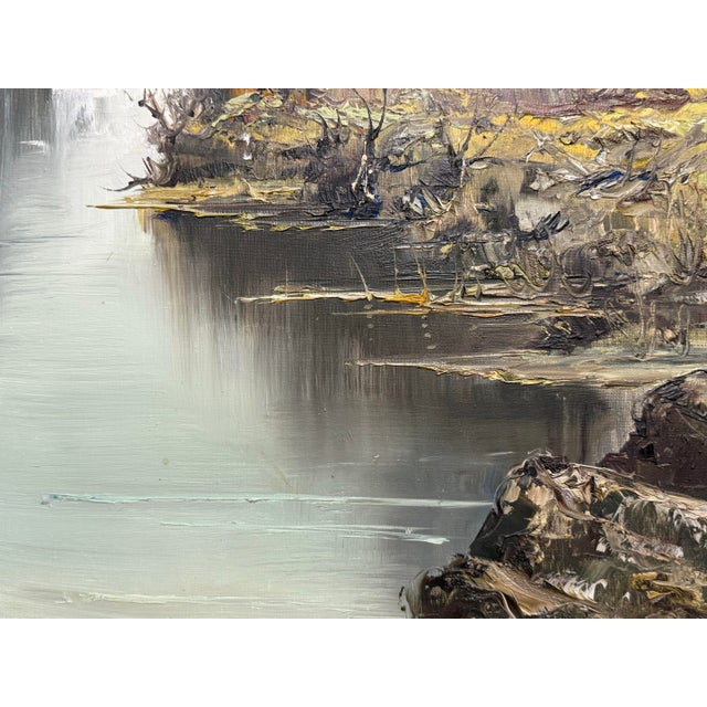 Gray European Lakeside Village Oil Painting, Signed For Sale - Image 8 of 12