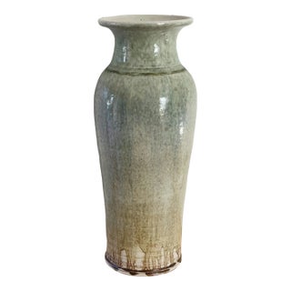 Vintage Hand Thrown Ceramic Vase With Celadon Glaze in Stunning Form For Sale