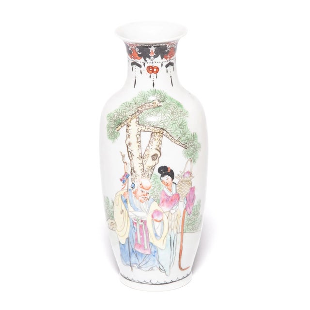 Ceramic Pair of Petite Antique Chinese Famille Rose Longevity Vases For Sale - Image 7 of 11