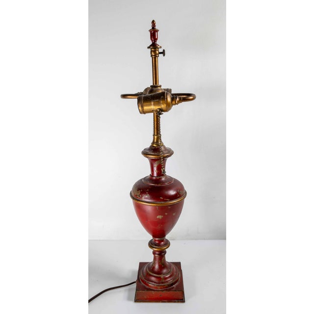Red Mid-Century Decorative Toleware Tole Style Painted Red and Gold Table Lamp For Sale - Image 8 of 13